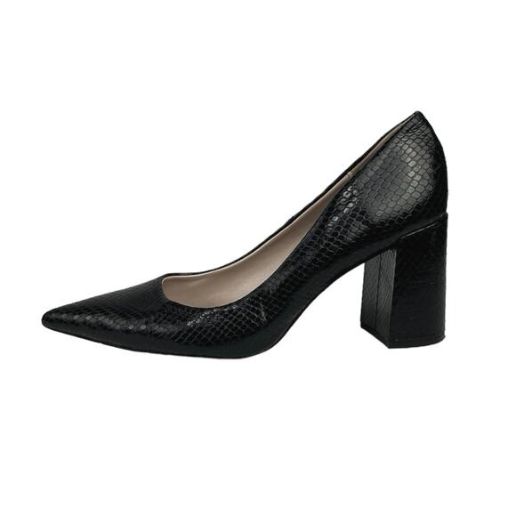 Zara Black Faux Leather Snakeskin Pointed Toe Block Heel Slip On Pump Shoes Sz 8 - Picture 1 of 4